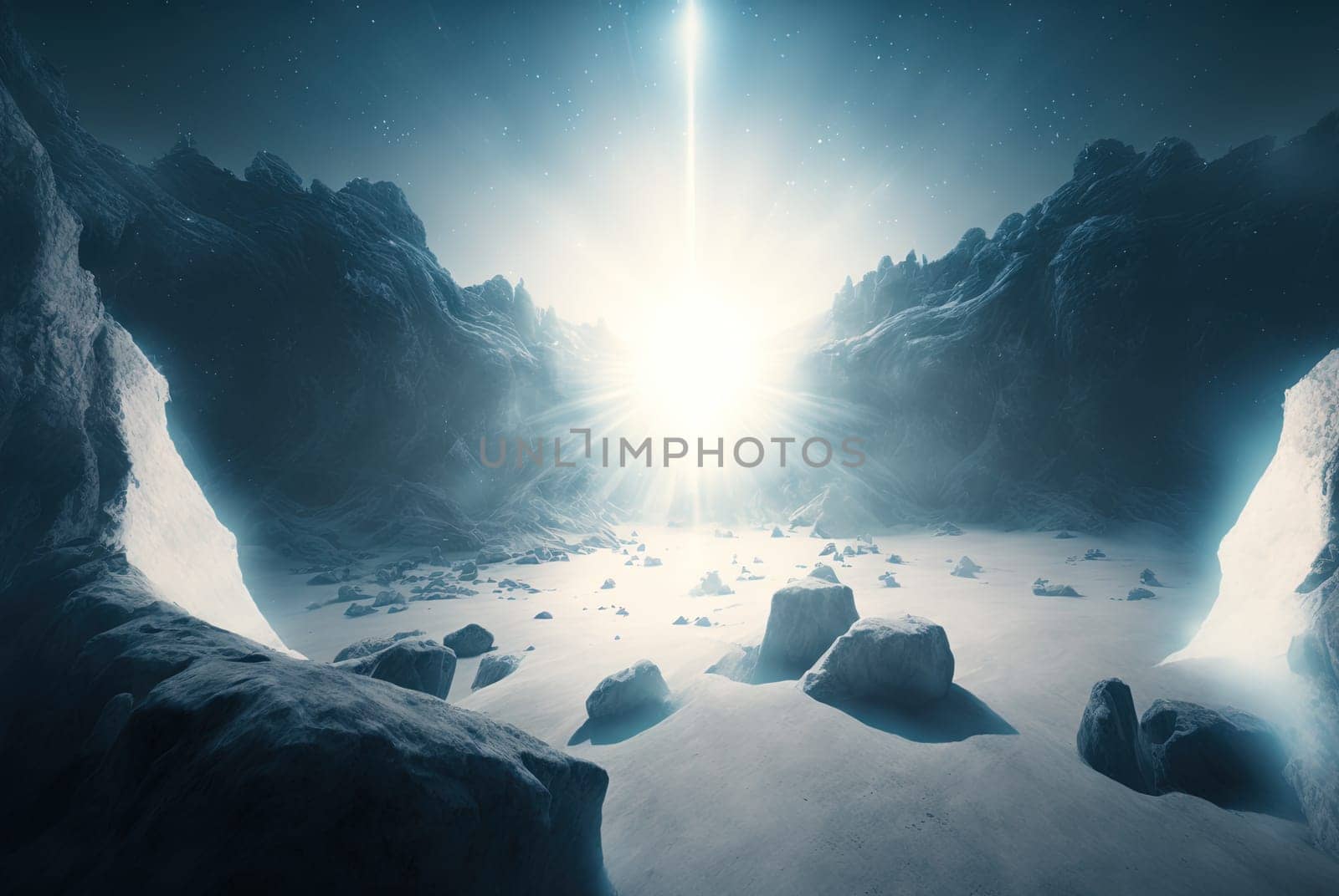 Alien sci-fi landscape with mountains on the sunrise. Science fiction scene of a distant planet. Generated AI