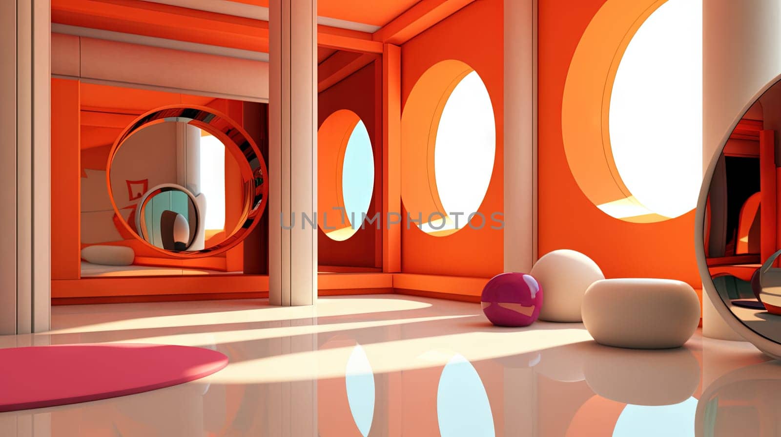 Spaceship or lab interior in retro futuristic sci-fi style with round doors. Generated AI