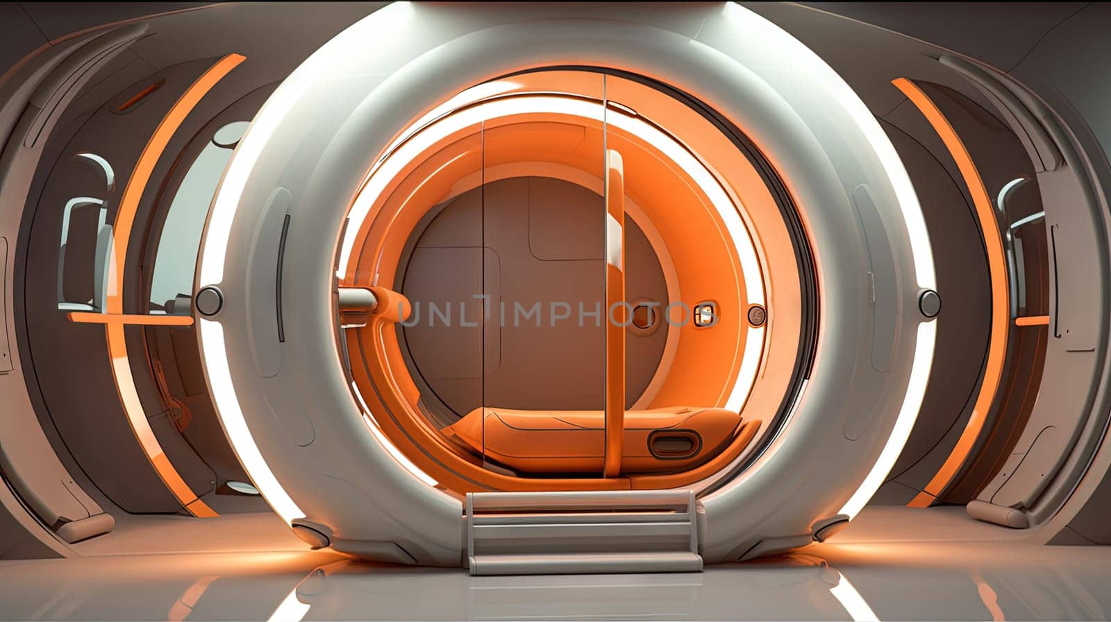 Spaceship or lab interior in retro futuristic sci-fi style with round doors. Generated AI