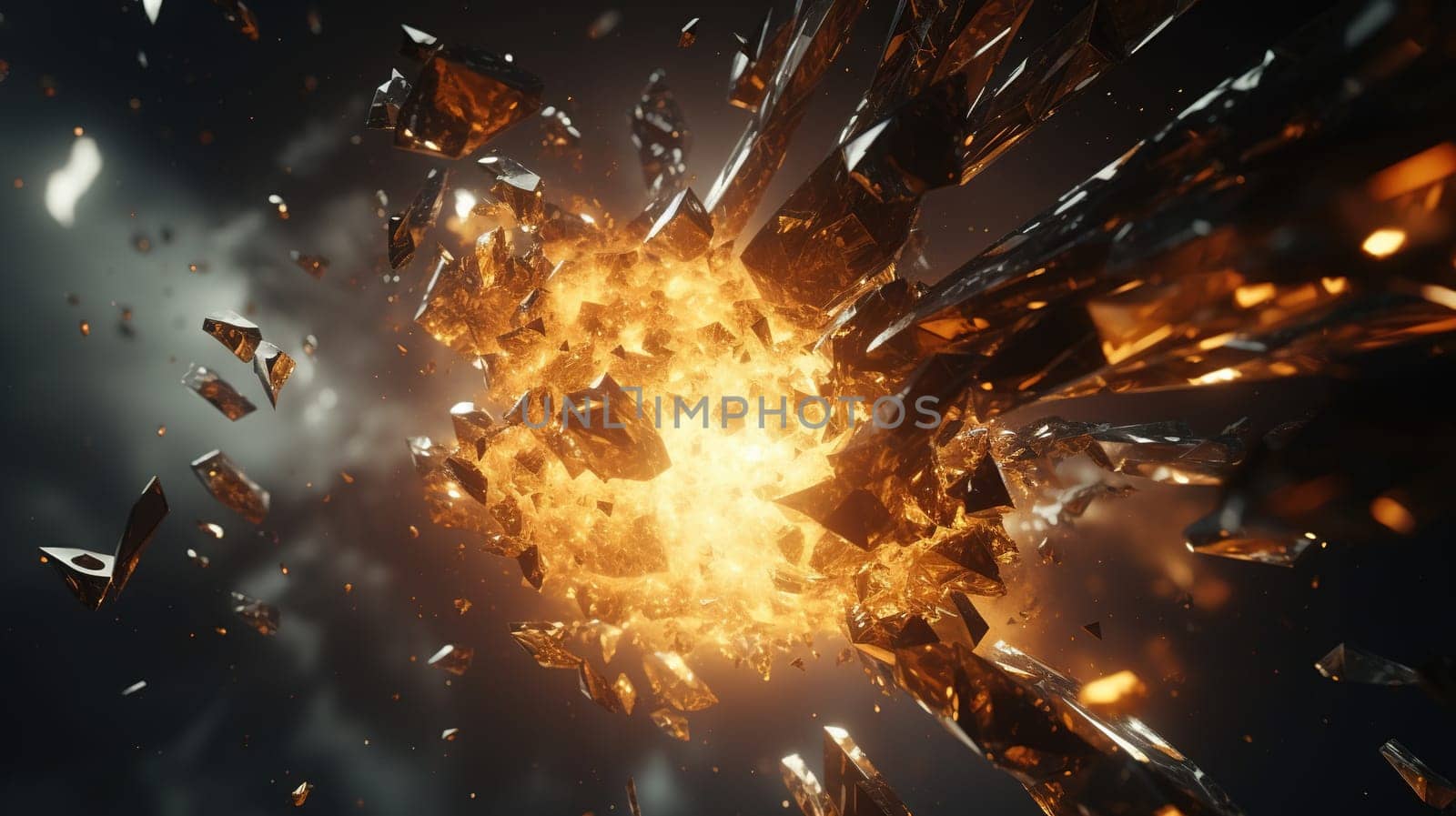 Abstract explosion in space with rocks and stones burst in flame, sci-fi and technology background. Generated AI.