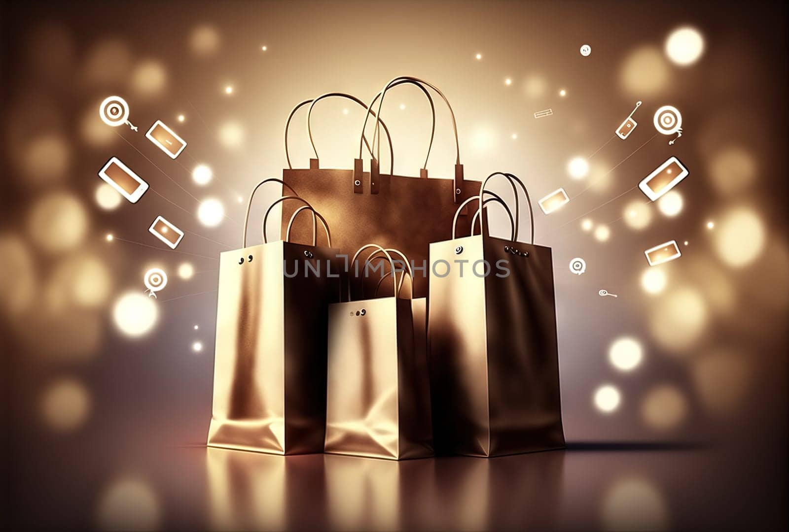Shopping bags with purchases on stylized bokeh background. Fashion sale concept with shopping bags. Generated AI
