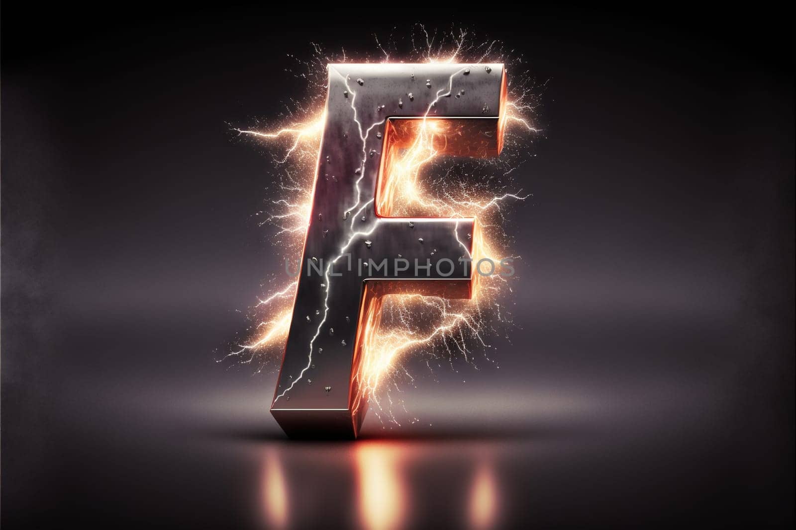 Metallic letter F with electric sparkles and lighning bolts effect. Generated AI