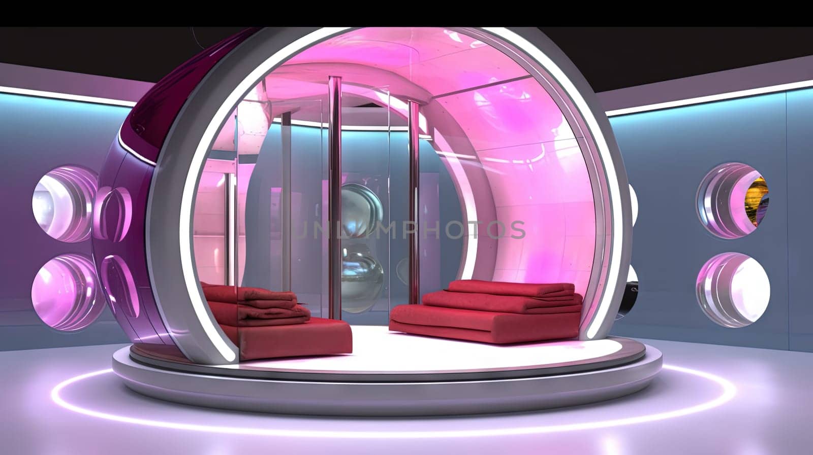 Spaceship or lab interior in retro futuristic sci-fi style with round doors. Generated AI