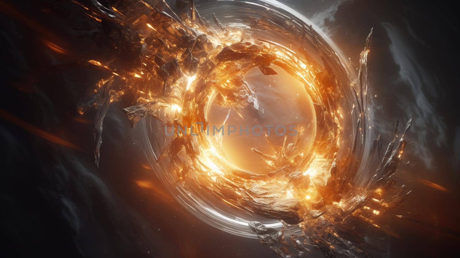 Abstract explosion in space with rocks and stones burst in flame, sci-fi and technology background. Generated AI.