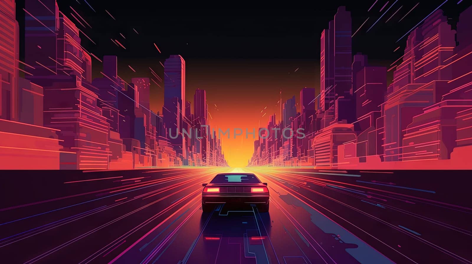 Car ride on the neon road in 80s retro synthwave style. Generated AI