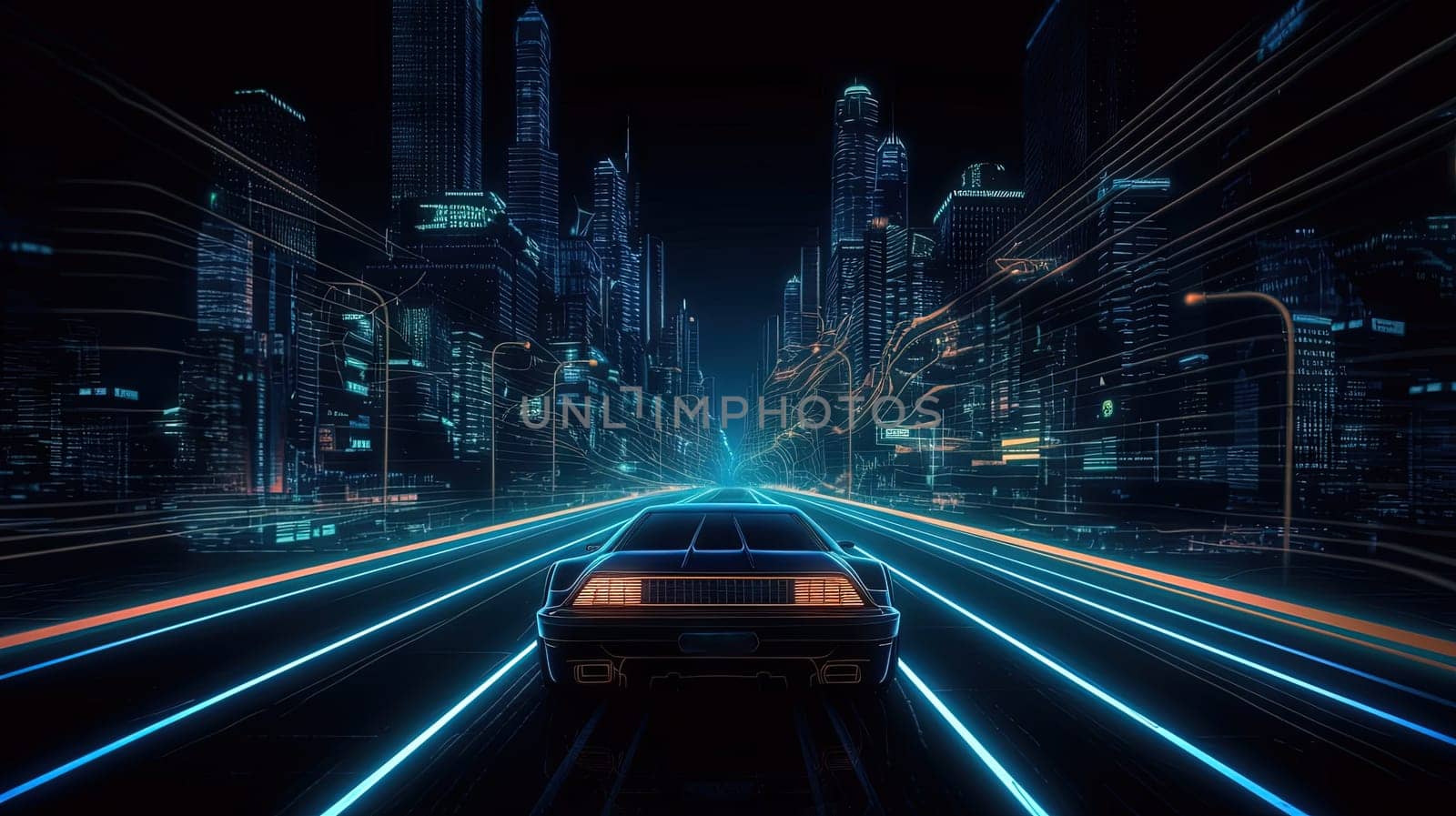 Car ride on the neon road in 80s retro synthwave style. Generated AI