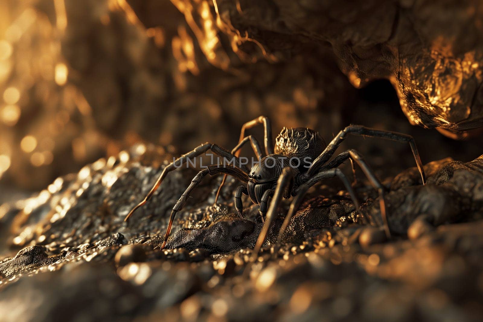 Spider crawling in the cave. Dangerous insect from fairytale. Generated AI