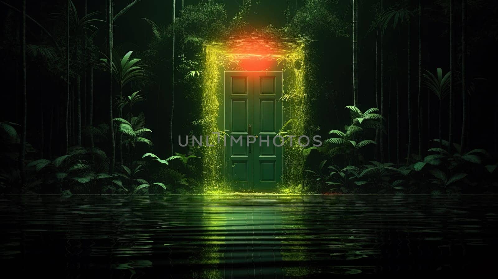 Mysterious door or portal with neon light in the jungle in synthwave style. Generated AI