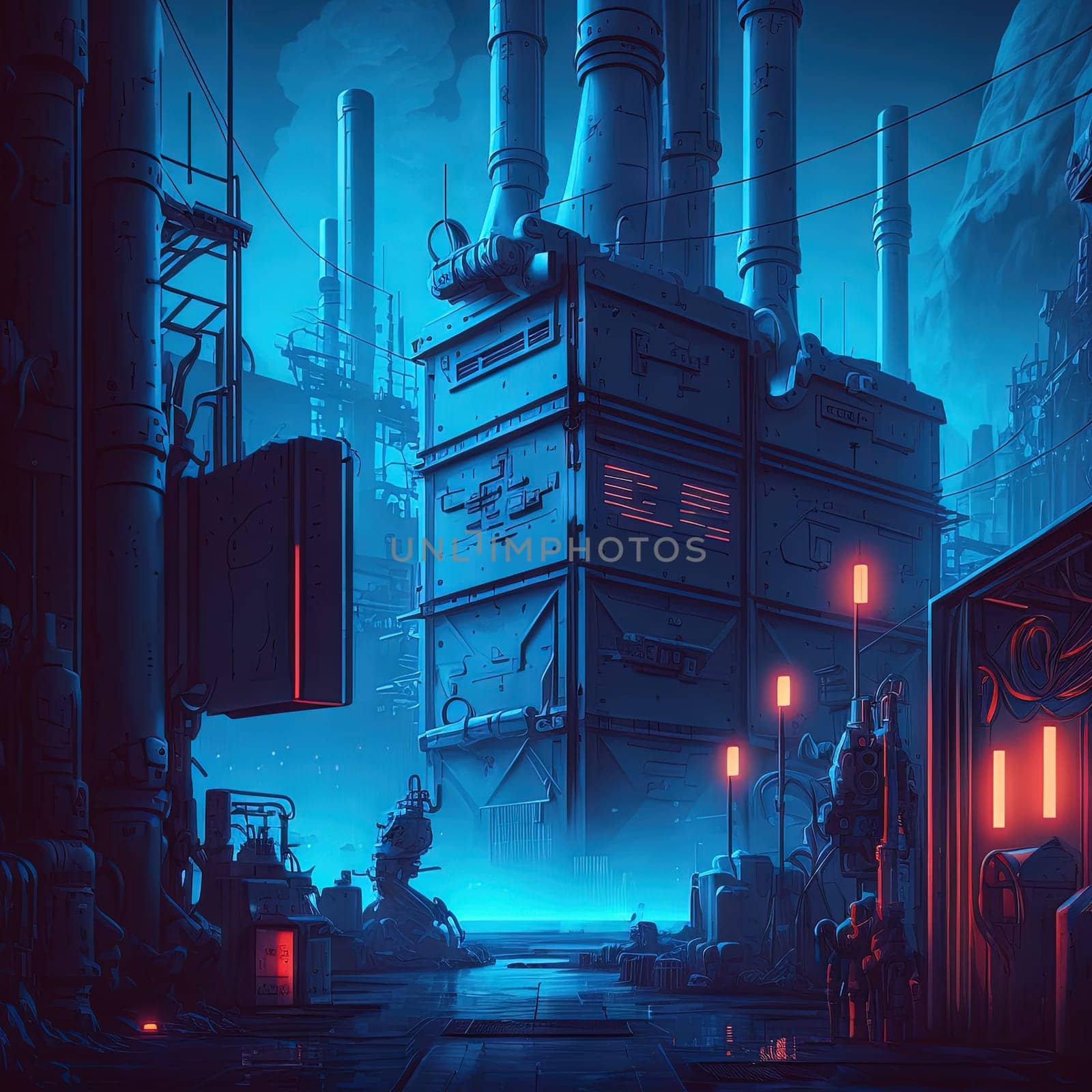 Synthwave retro landscape in 80s style with old factory in industrial city district and neon lights. Generated AI