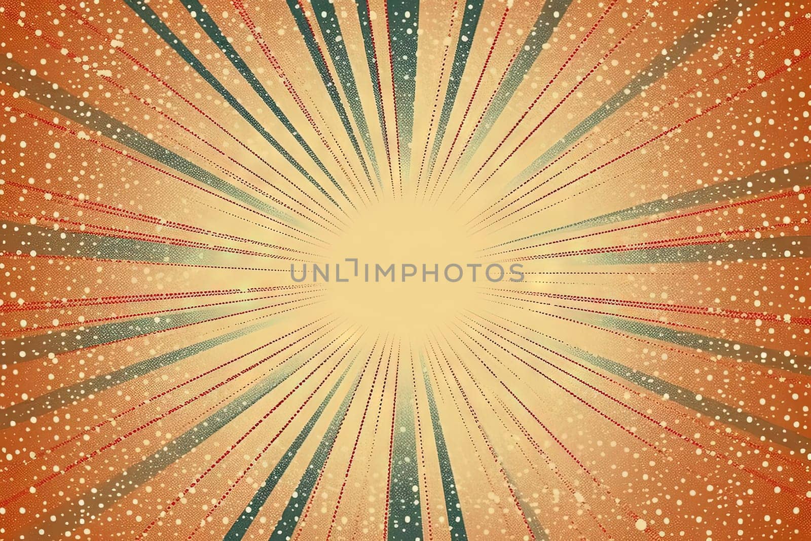 Sun burst in retro style with grungy dots. Vintage sun rays background. Generated AI