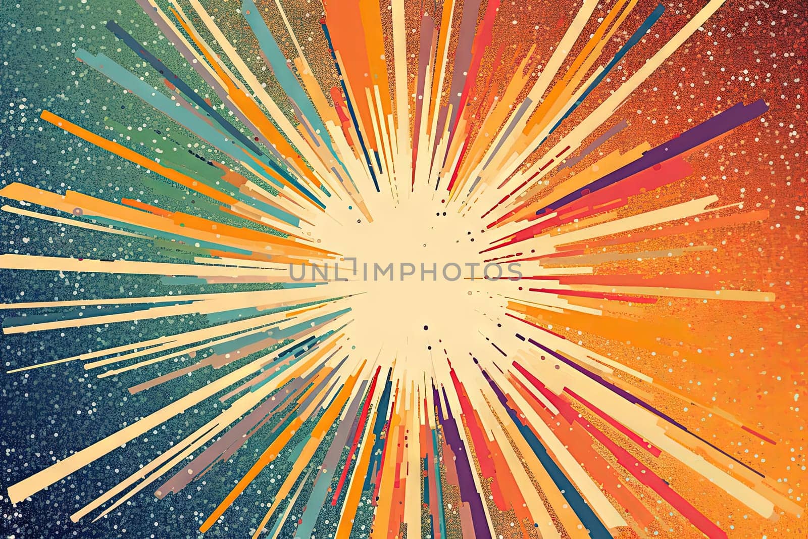 Sun burst in retro style with grungy dots. Vintage sun rays background. Generated AI