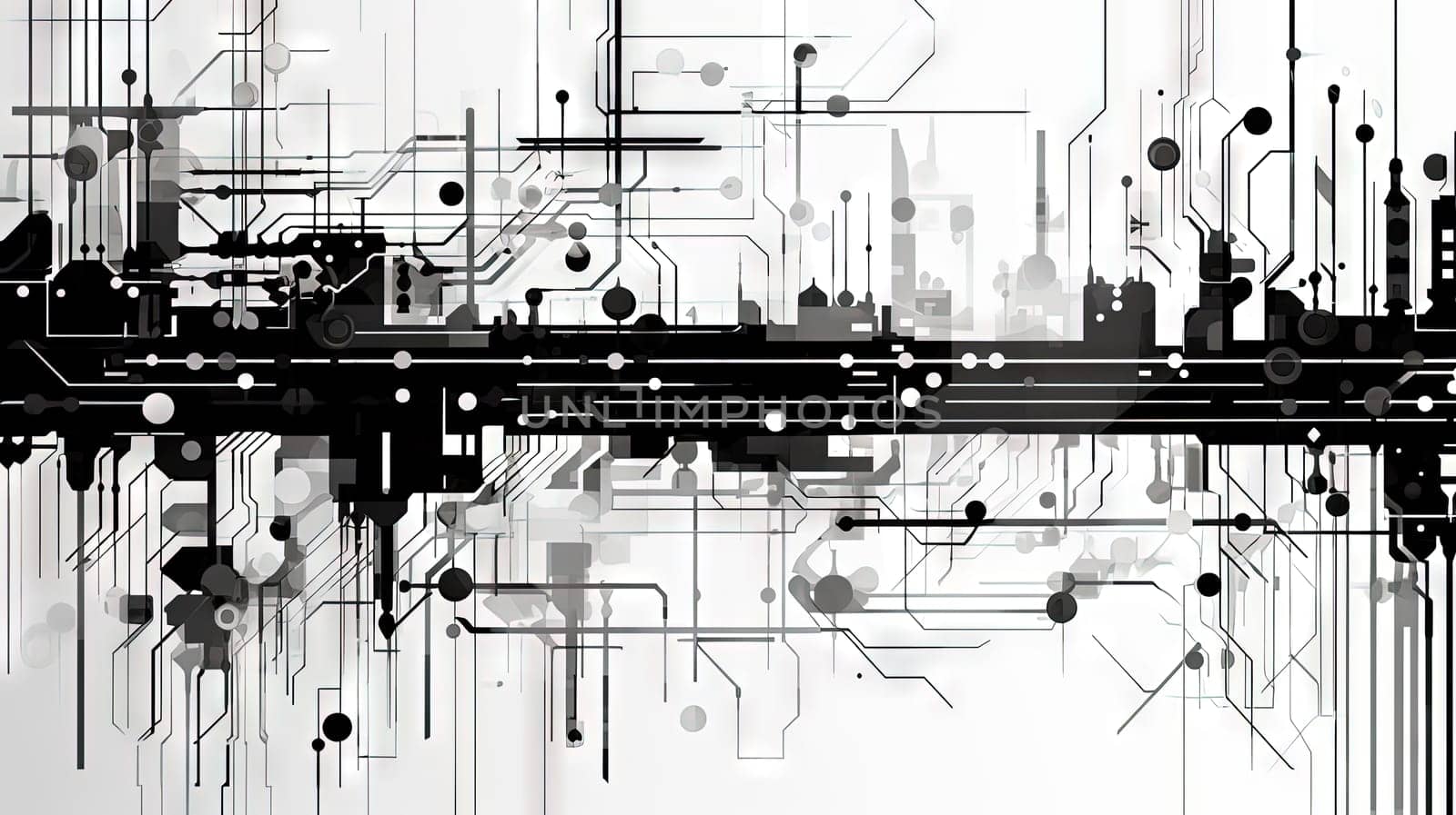 Abstract circuit board concept with black track lines on white background. Generated AI