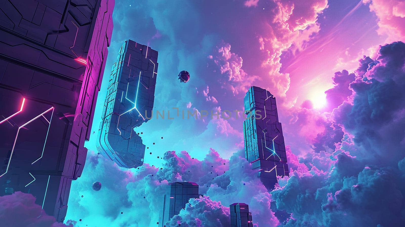 Vibrant sci-fi scene with synthwave styled towers in breathtaking perspective. Futuristic cyberpunk city in blue and purple colors. Generated AI