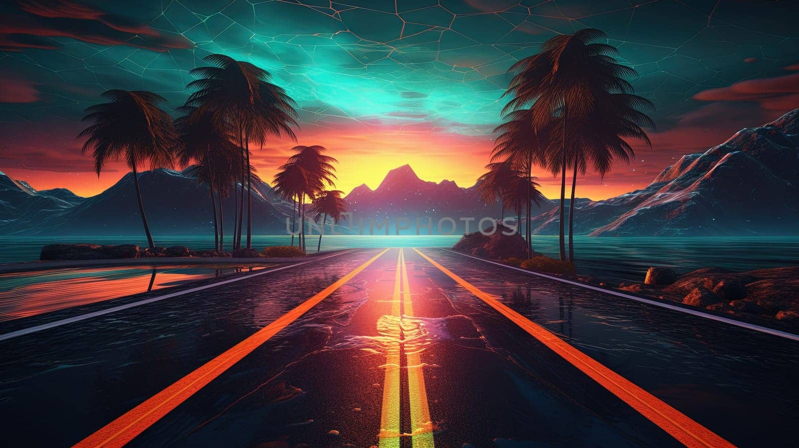 Road to horizon in synthwave style. 80s styled purple and blue synthwave highway landscape. Generated AI