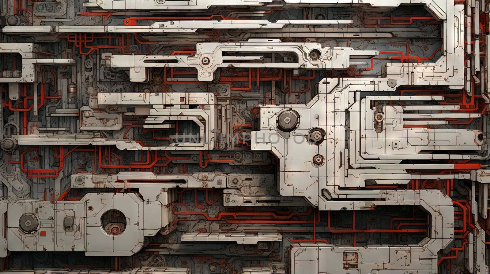 Background with metallic panels texture, wires and circuit. Spaceship hull wall technology background. Generated AI