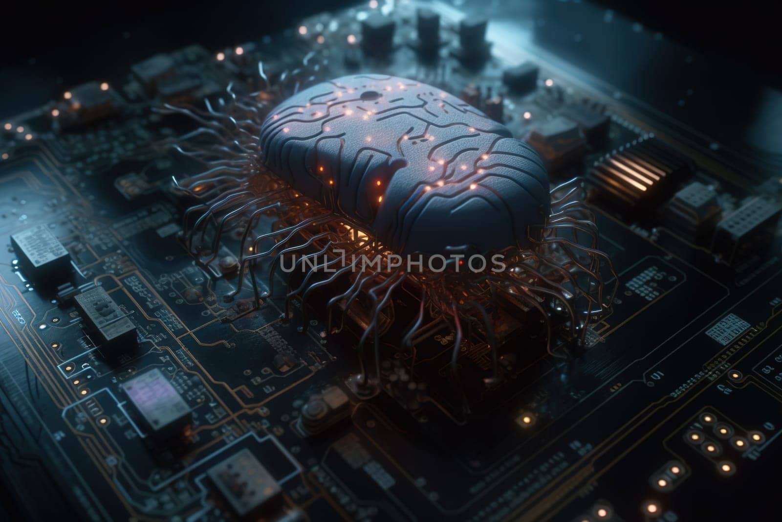 Artificial intelligence science concept with technological AI brain on the circuit board. Generated AI