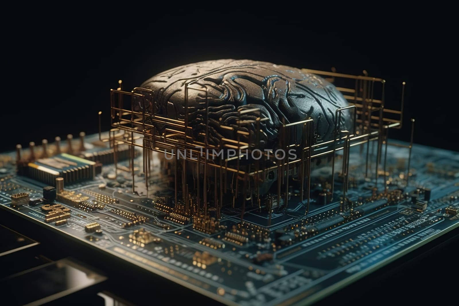 Artificial intelligence science concept with technological AI brain on the circuit board. Generated AI