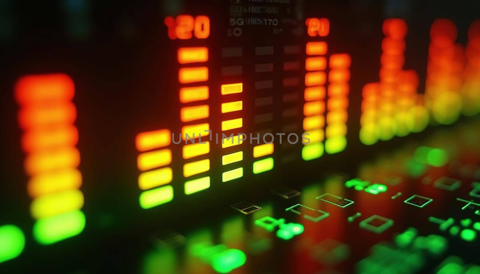 Digital audio spectrum analyzer with illuminated frequency levels in green, yellow and red on a dark background. Concept of sound data visualization. Generated AI.