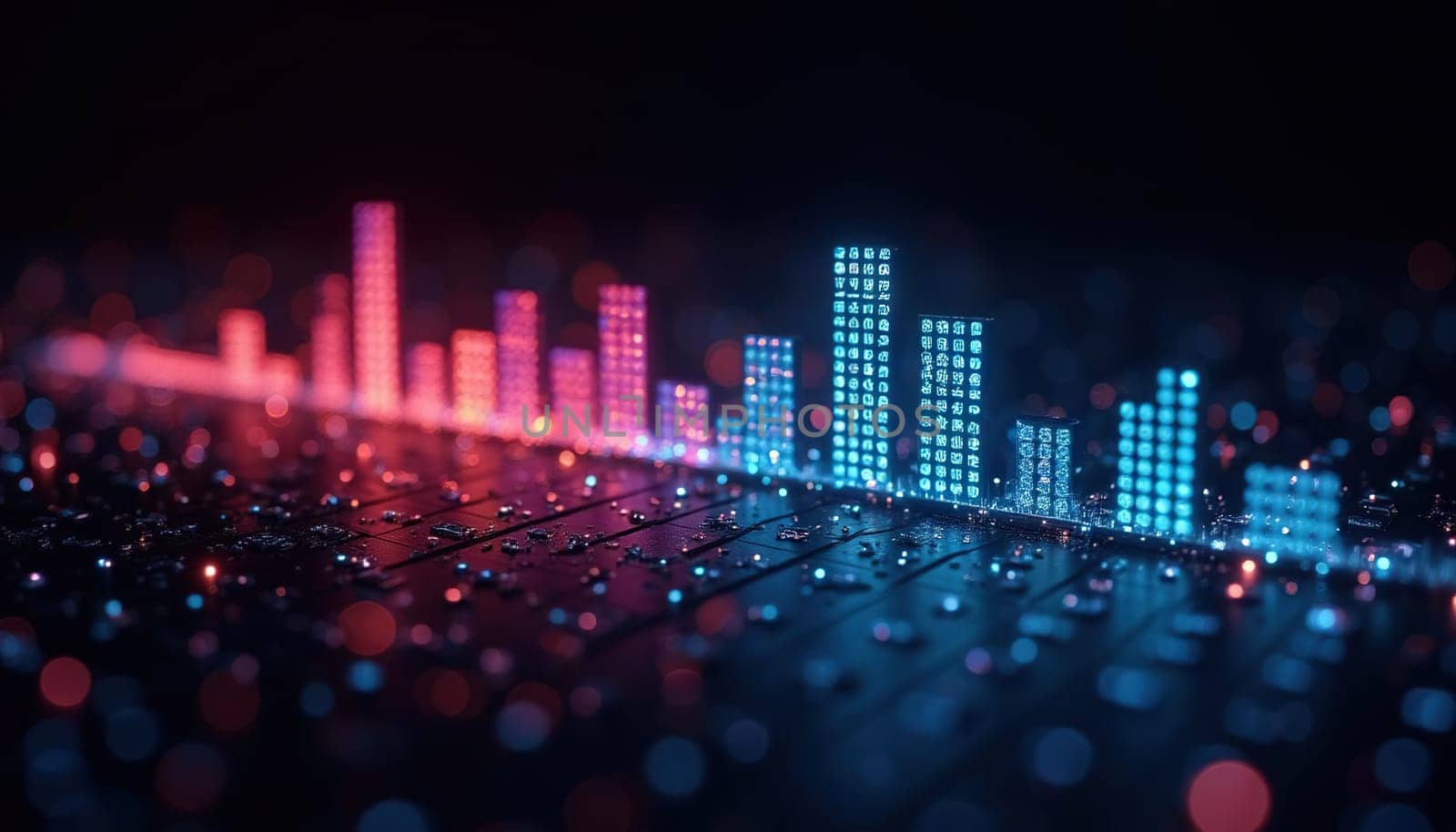 Futuristic music equalizer with neon glowing colorful levels. Generated AI.