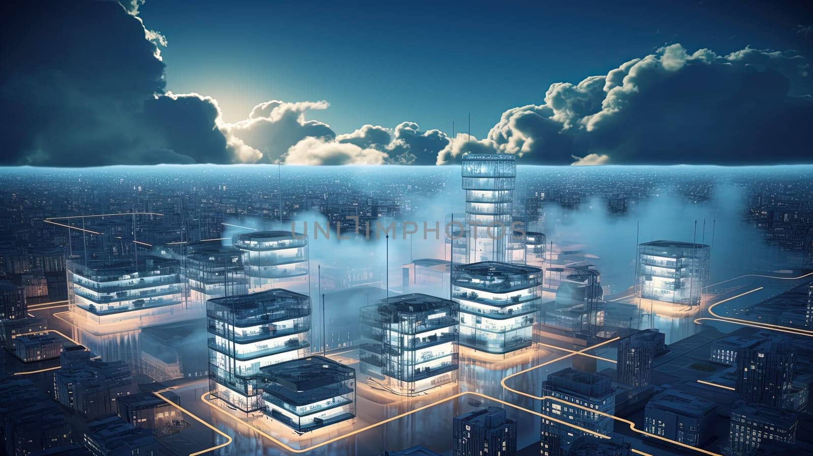 Concept of a digital city with cloud connections. Futuristic network in the clouds. Generated AI