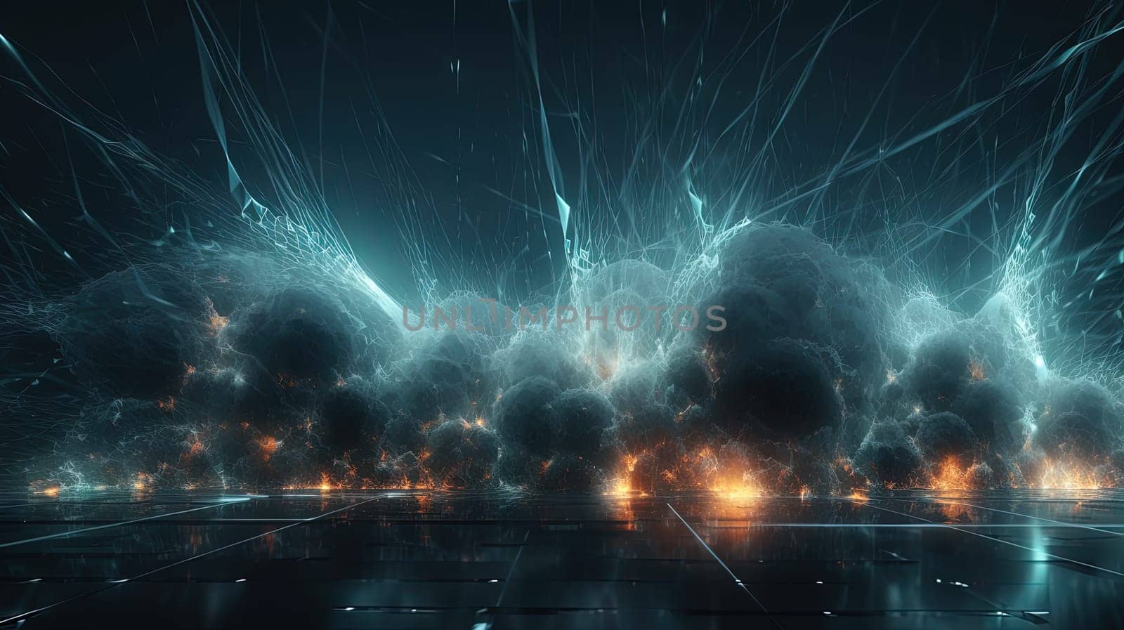 Abstract technology burst with glowing wires and particles in motion. Technology and science dynamic background. Generated AI