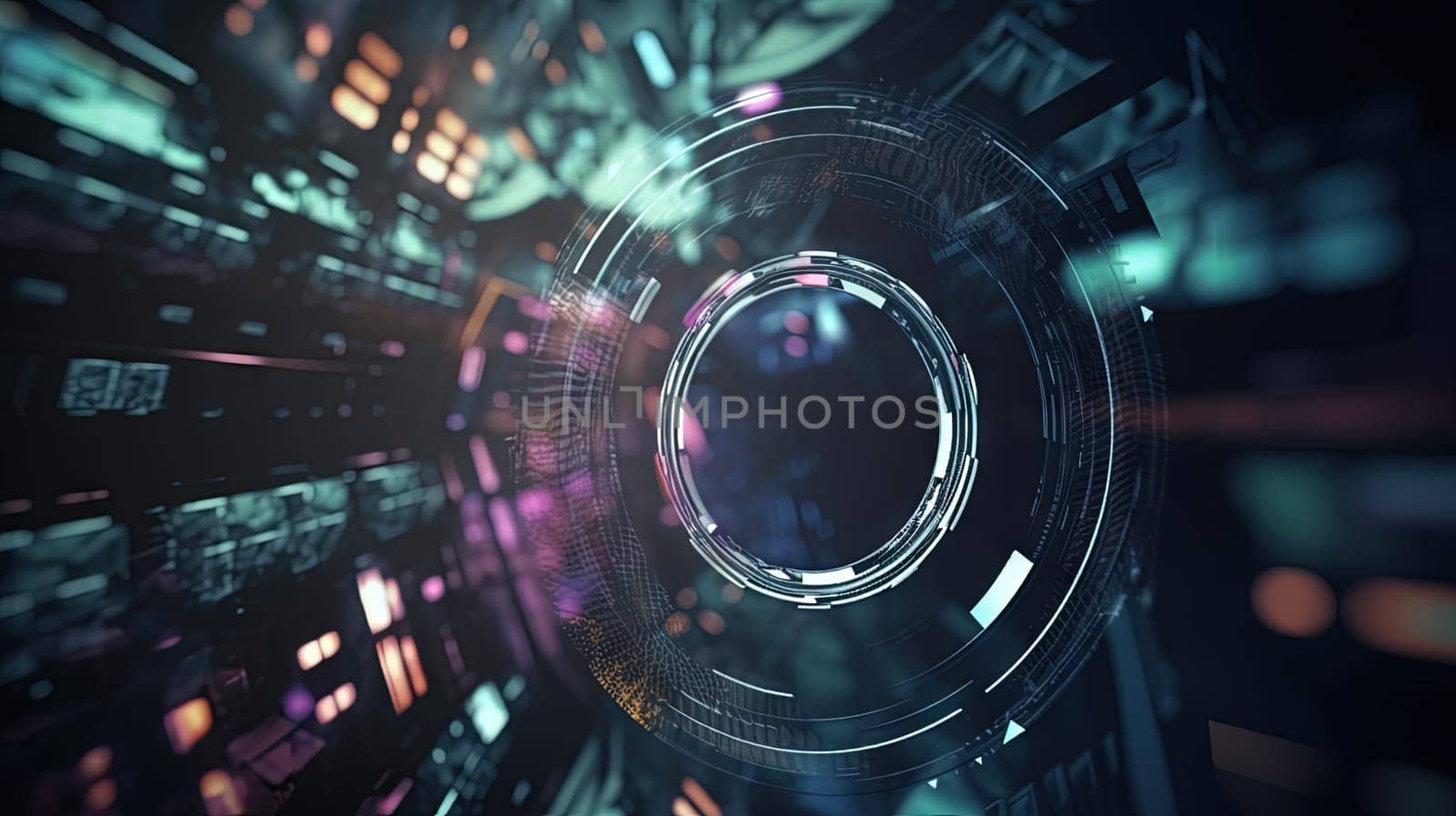 Technology abstract background with hud styled round interface elements in neon tech light. Generated AI