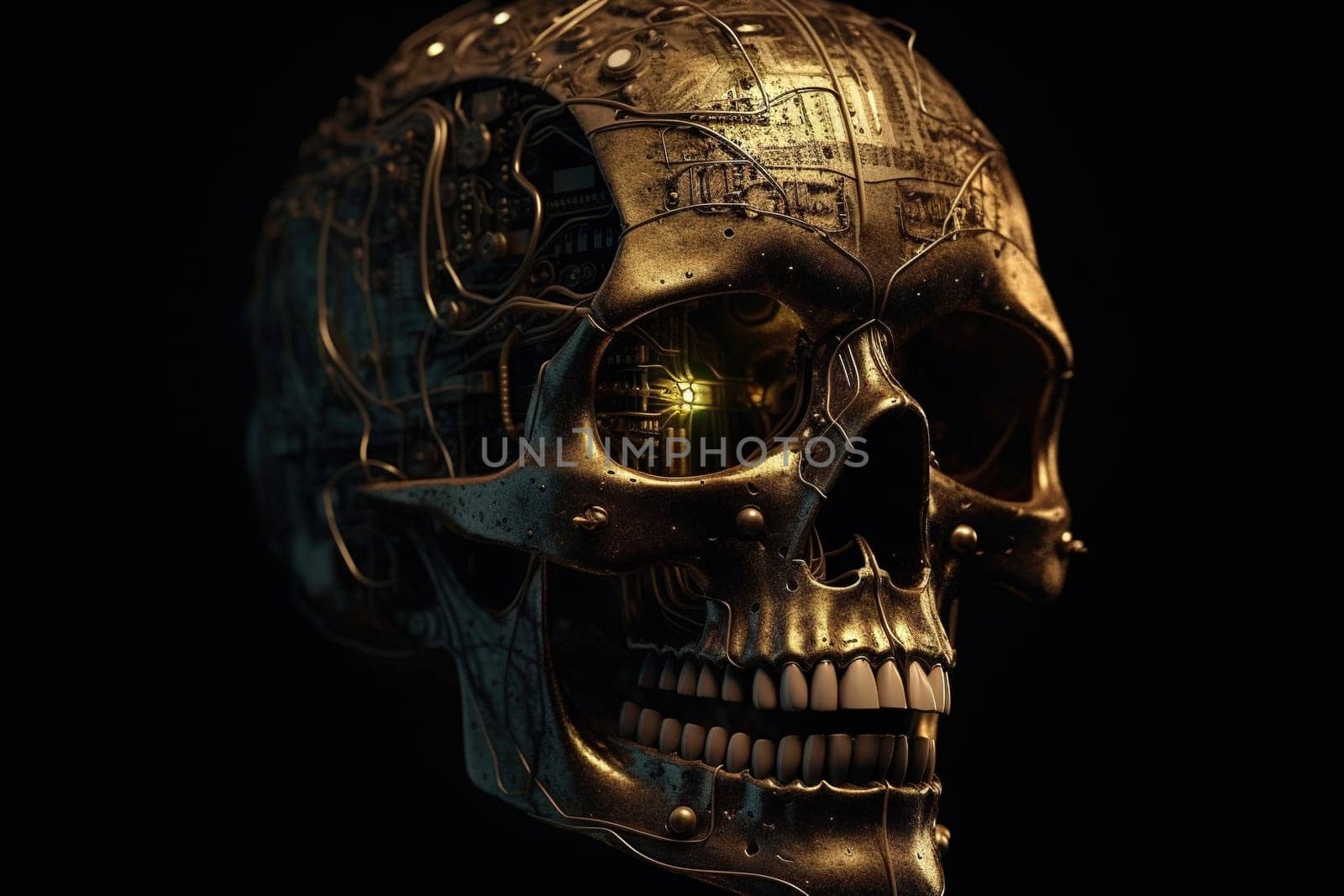 Realistic robot or cyborg skull with electric circuits and futuristic micro chips. Generated AI.