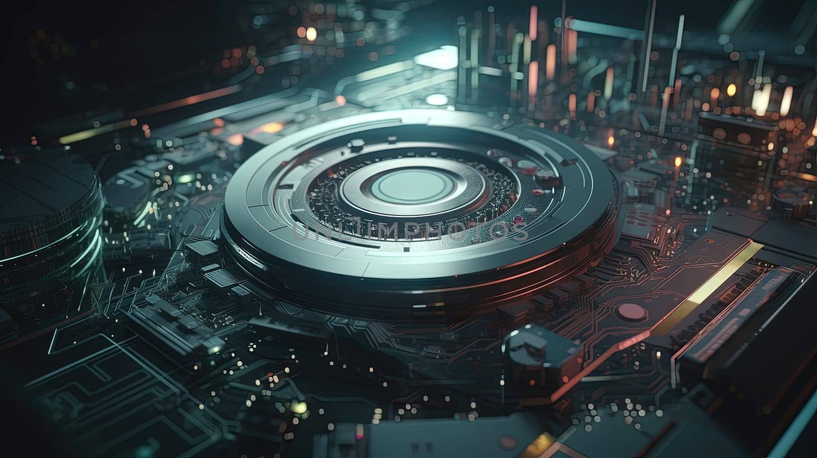 Technology abstract background with hud styled round interface elements in neon tech light. Generated AI