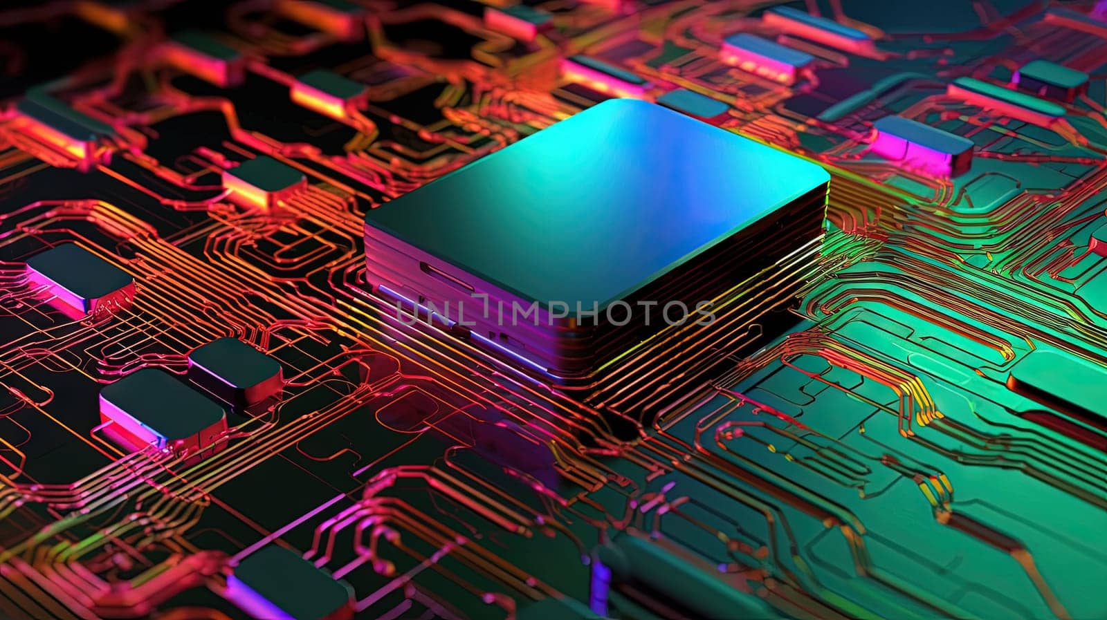 Abstract motherboard structure with blocks and chips in purple and blue neon lights. Technology background with microchips on hardware circuitboard. Generated AI