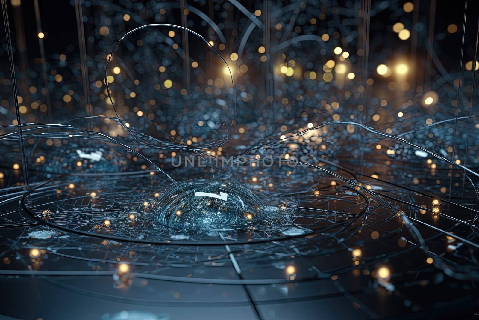 Abstract burst of wires and particles on technology background. Scientific abstraction with mess of wires. Generated AI