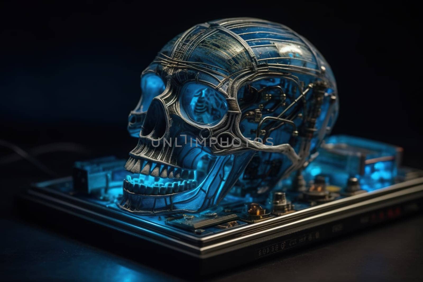 Realistic robot or cyborg skull with electric circuits and futuristic micro chips. Generated AI.