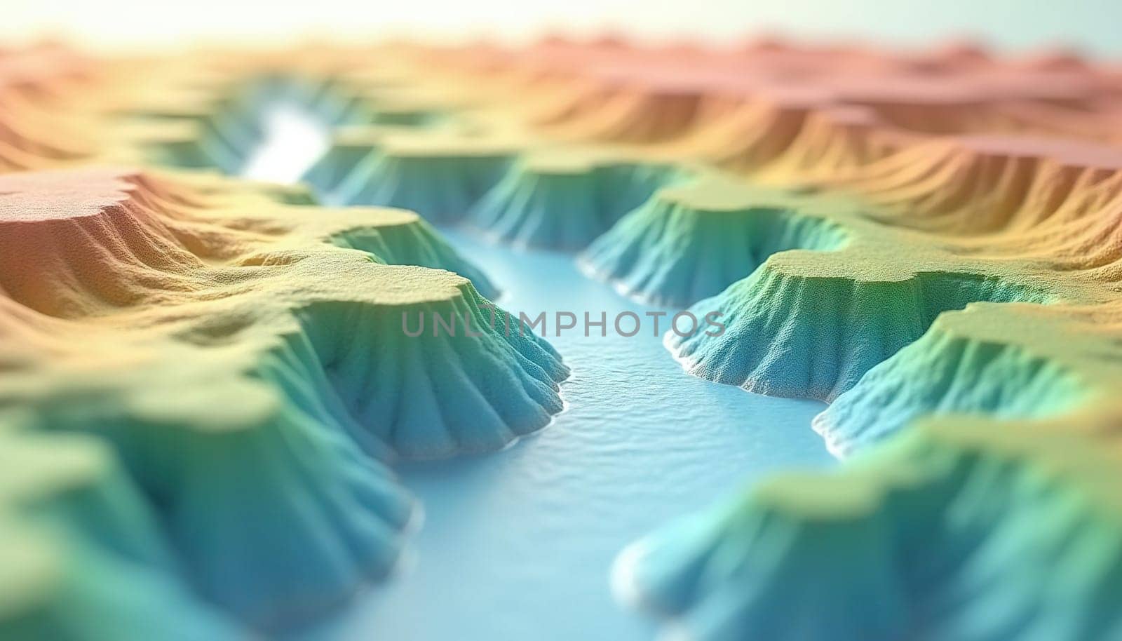 Aerial view of abstract 3D mountain landscape with winding river in vibrant blue and green tones. Generated AI.