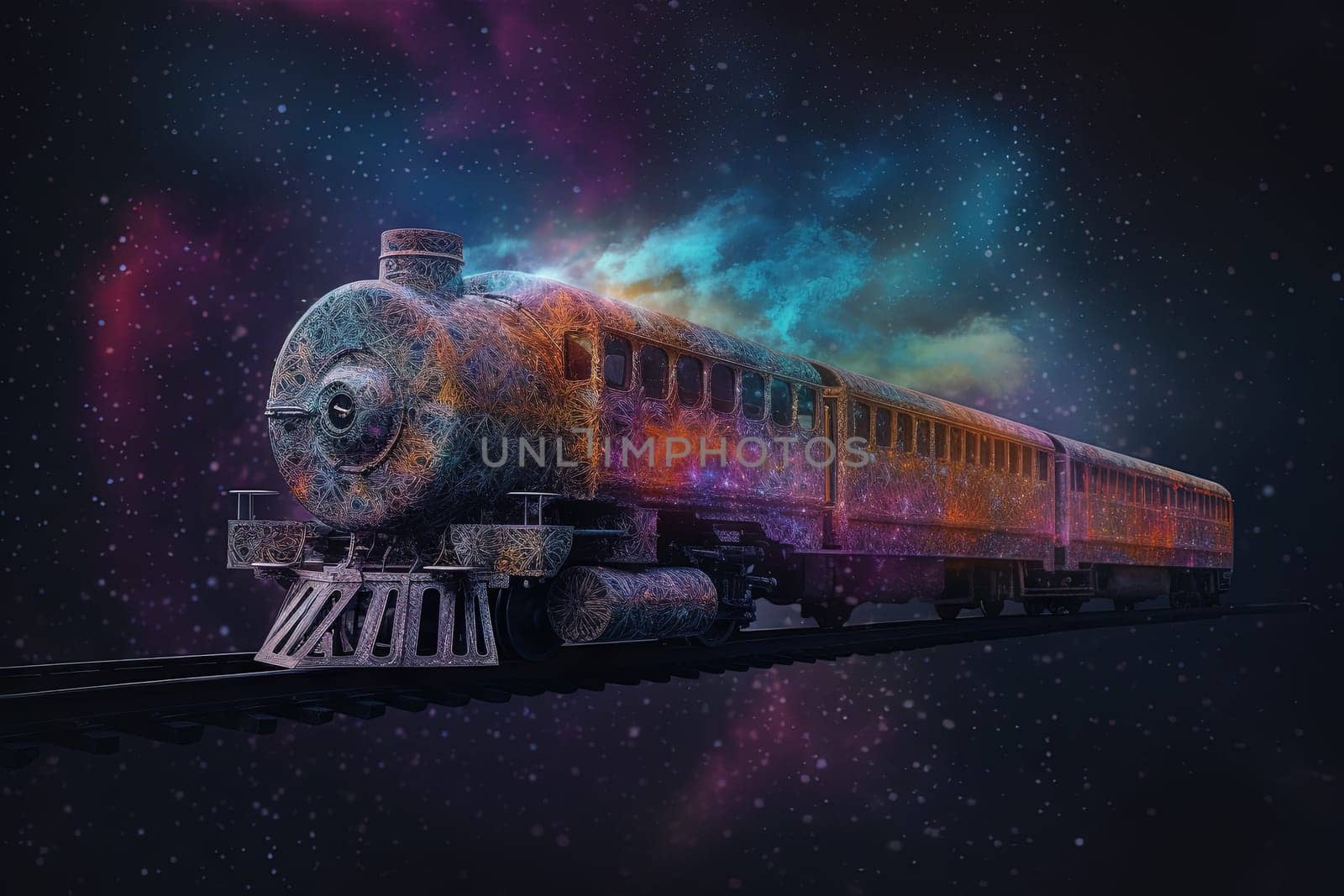 Surreal magic train in the astral space. Railway trip on the magic train with good aura. Generated AI