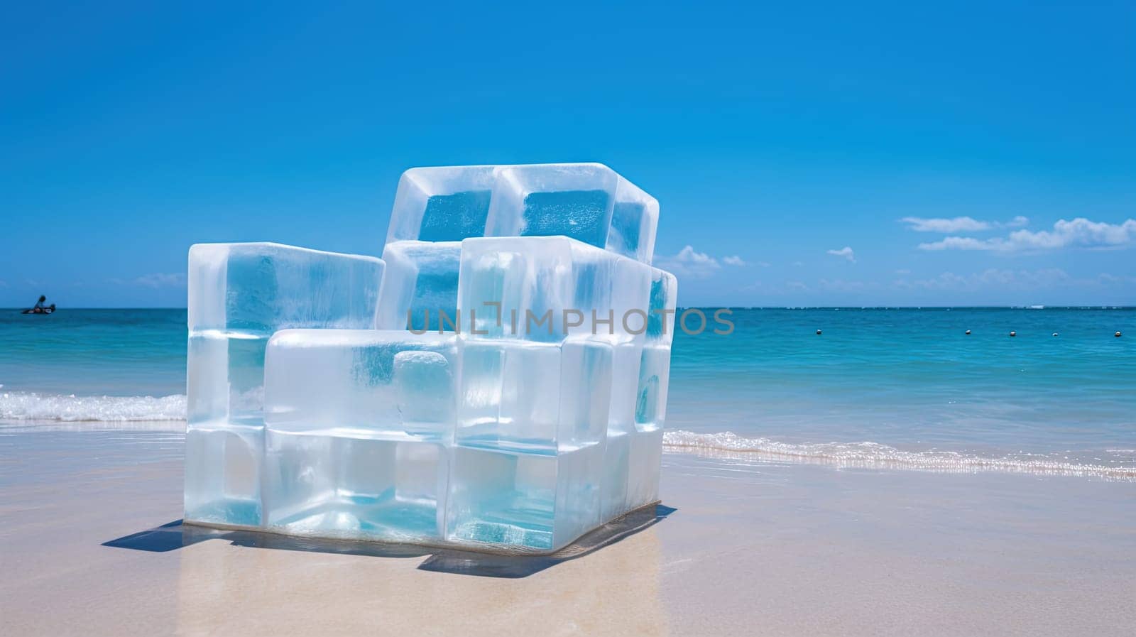 Ice chair on the beach, refreshing concept. Vacation on the hot shore with cold chair. Generated AI