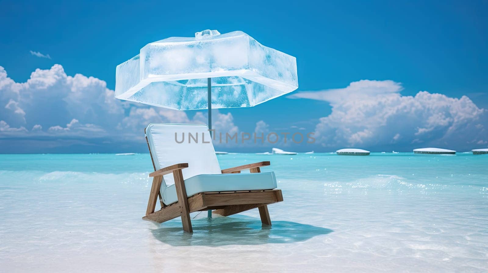Ice chair on the beach, refreshing concept. Vacation on the hot shore with cold chair. Generated AI