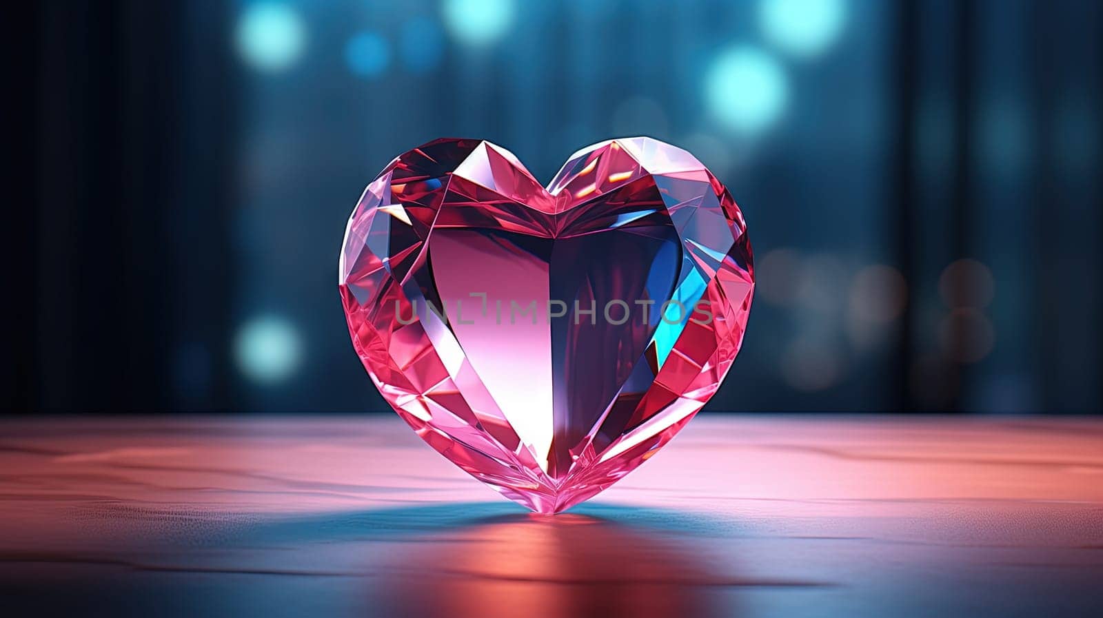 Faceted red diamond heart with glowing light for Valentine's Day sale or gift. Crystal gem heart. Generated AI.