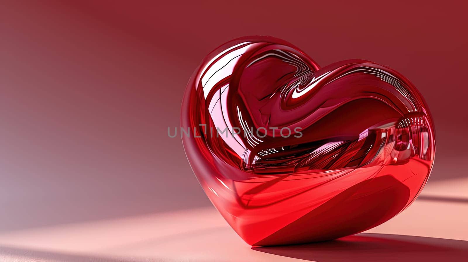 Red glass 3D heart with soft pink light reflections for Valentine's Day greetings. Generated AI.