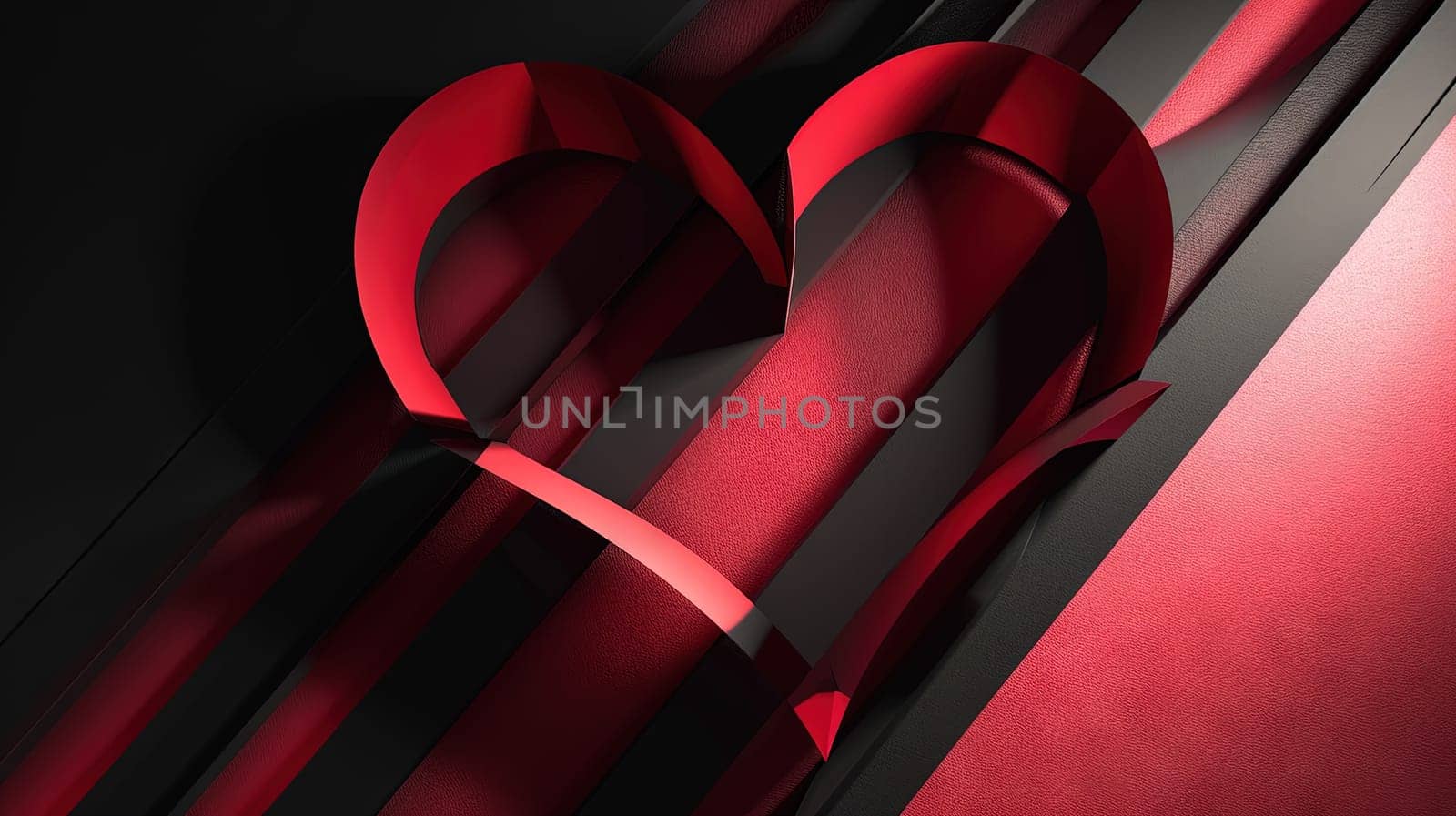 Layered red and black paper heart design in quilling art style. Generated AI.