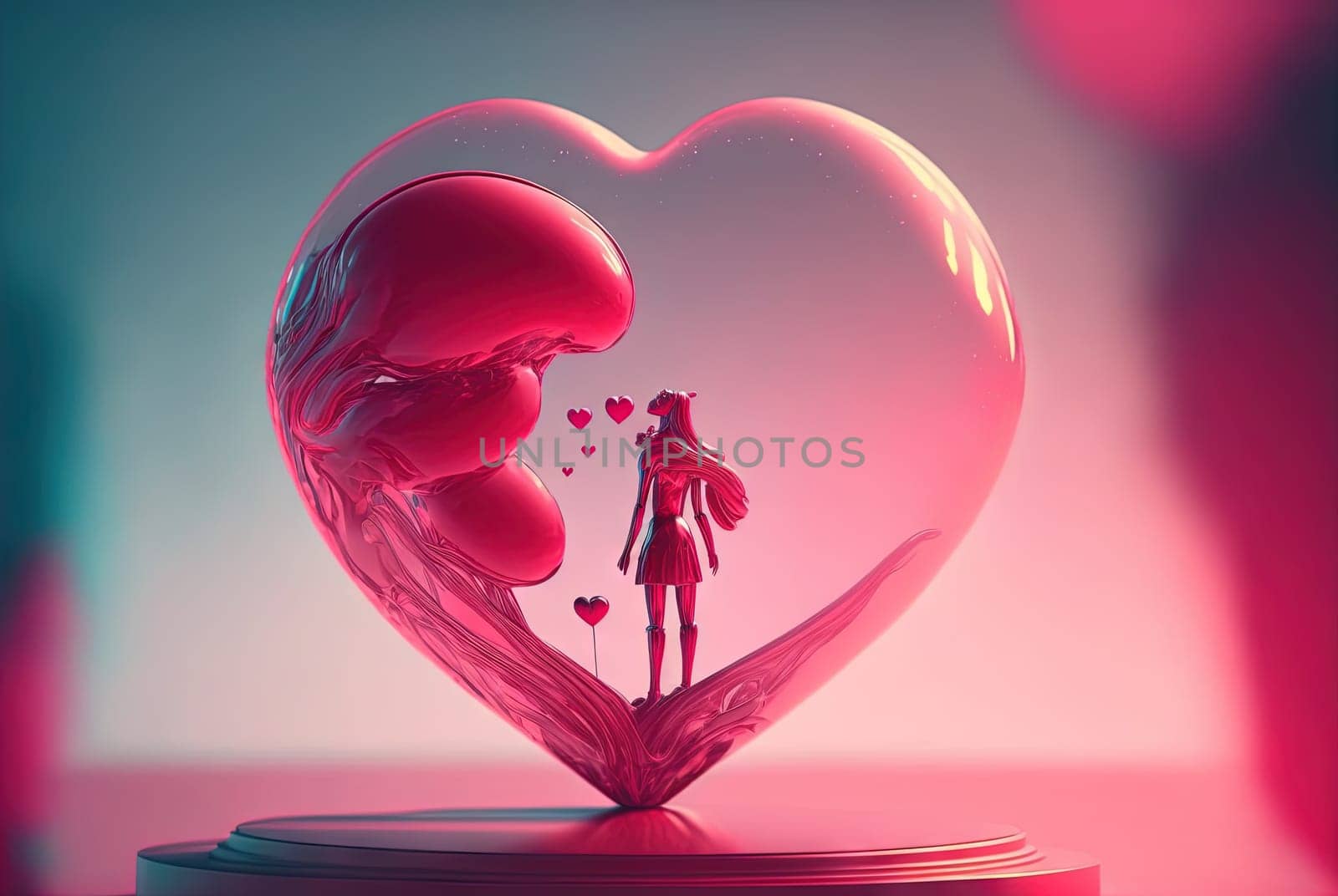 Surreal heart sculpture with woman figure inside and floating hearts, in pink tones. Generated AI.
