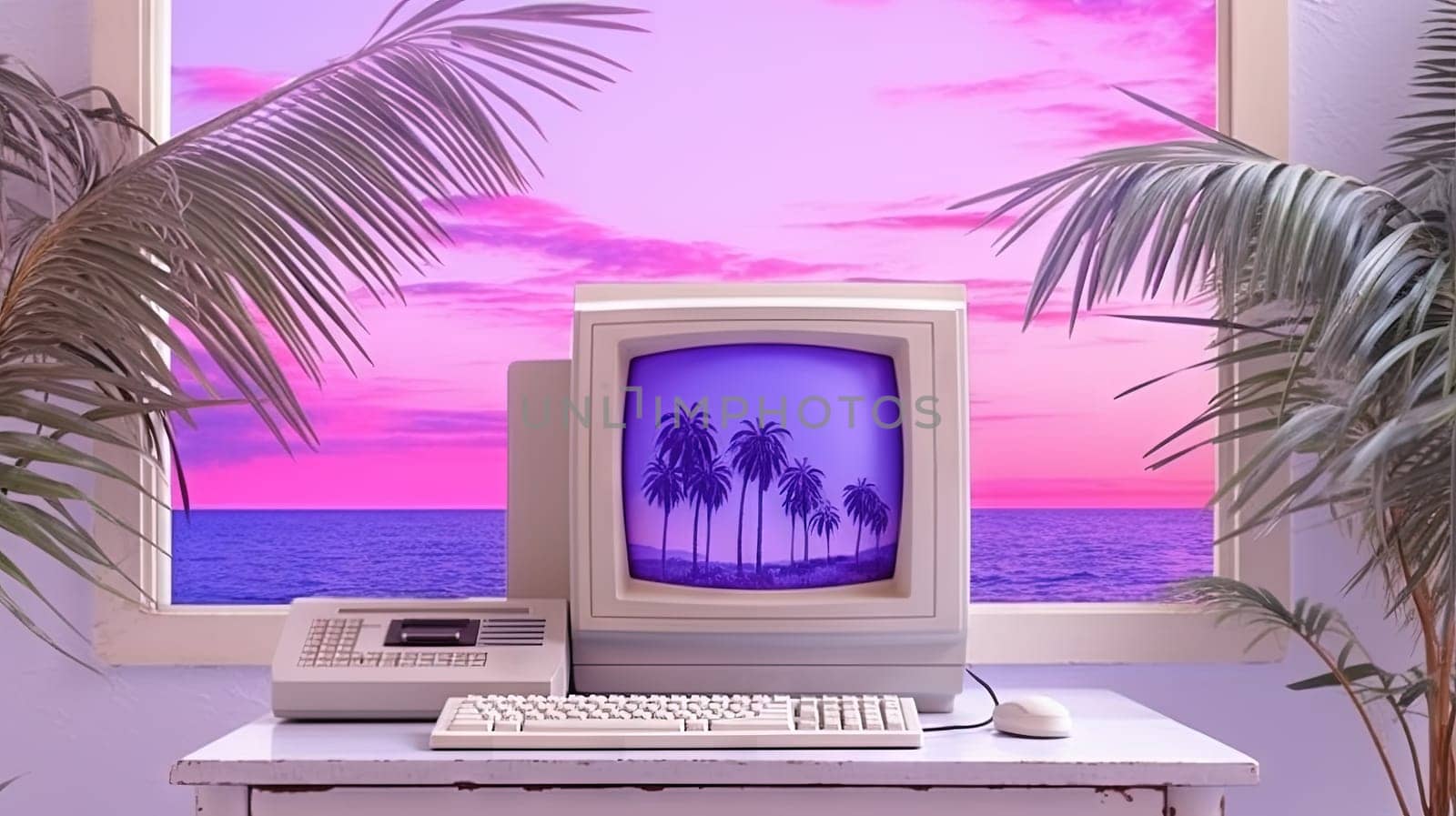 Vaporwave styled scene with computer and palms in purple color.Generated AI