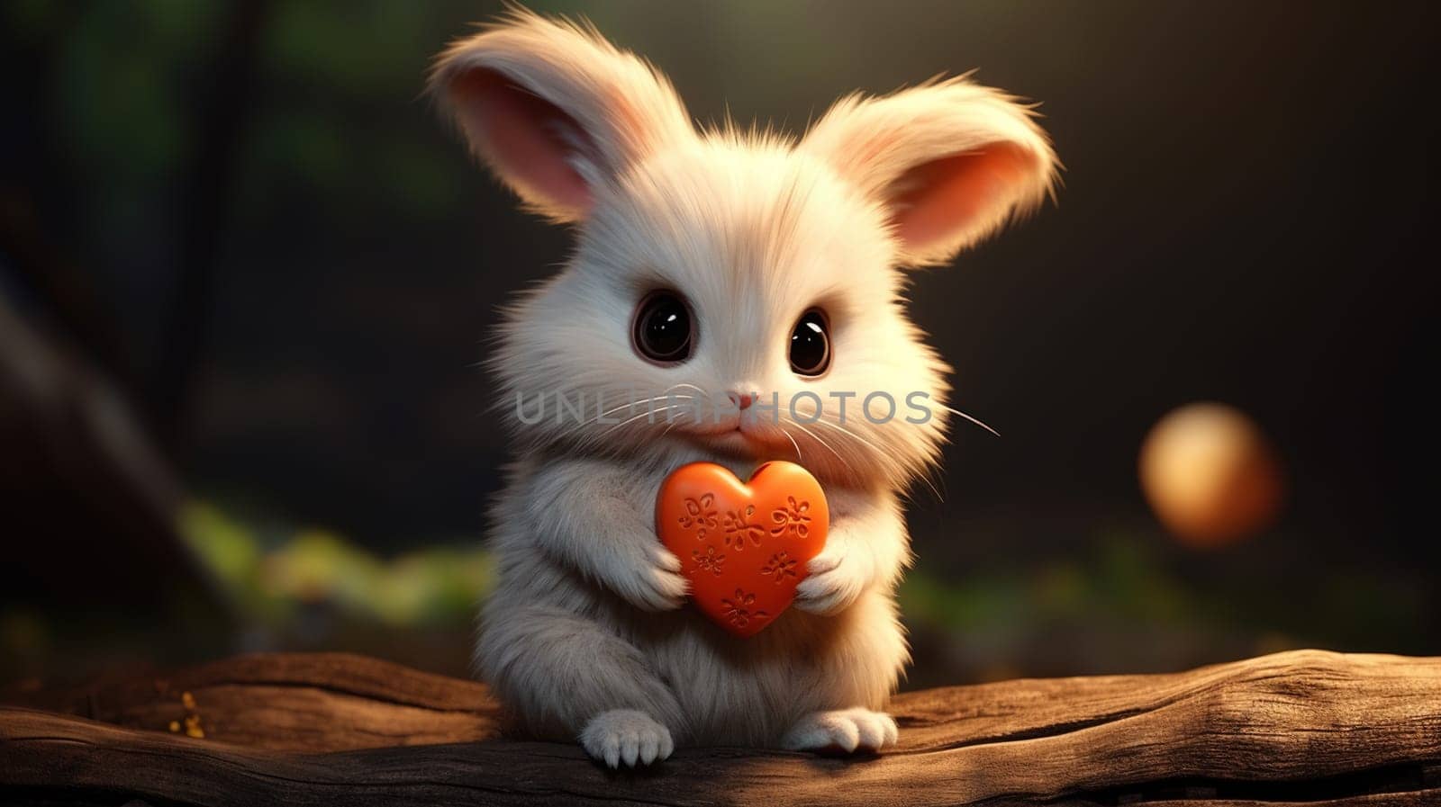 Cute fluffy rabbit hugging red heart. Valentine's Day greetings from romantic bunny holding heart. Generative AI