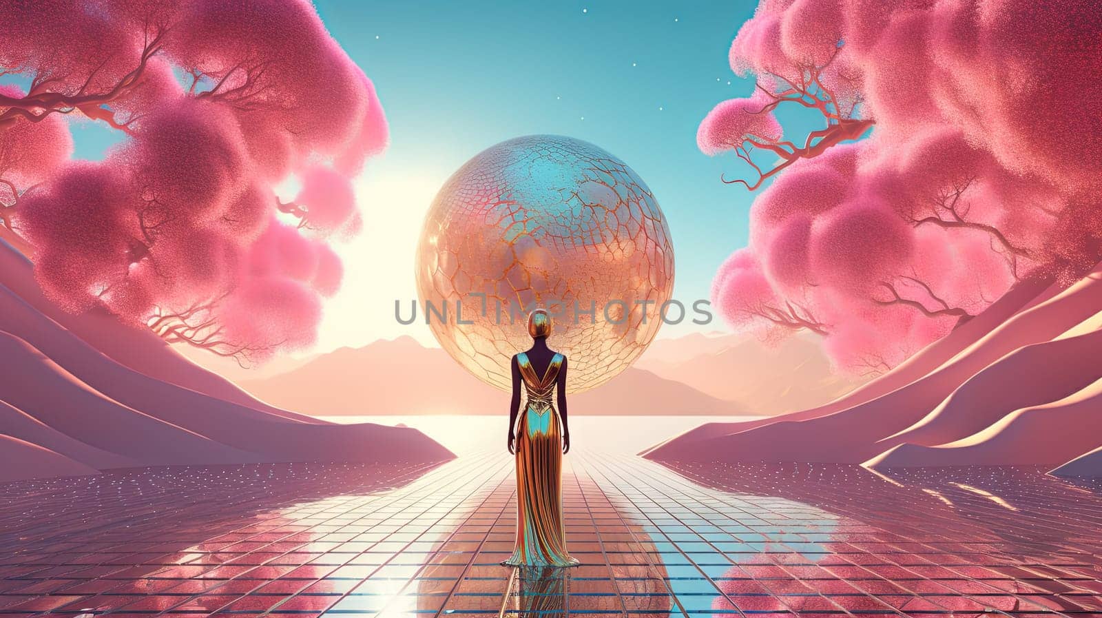 Surreal vaporwave scene with golden ball on the landscape with mountains and sea. 90s styled abstract surreal pink composition. Generated AI