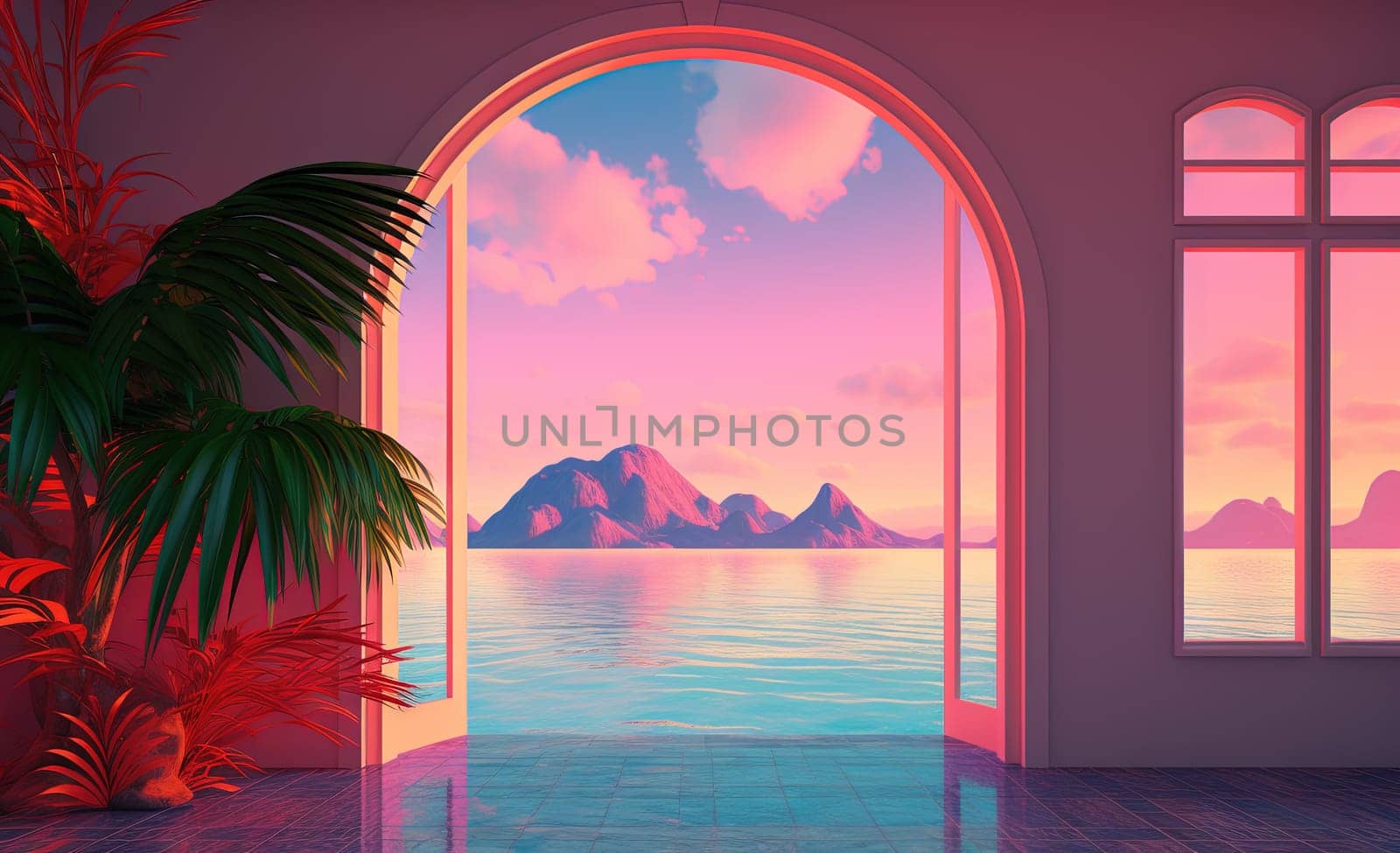 Open window with tropical landscape and ocean in y2k or vaporwave style. Pink sunrise in 90s style room, vacation calmness frame. Generated AI