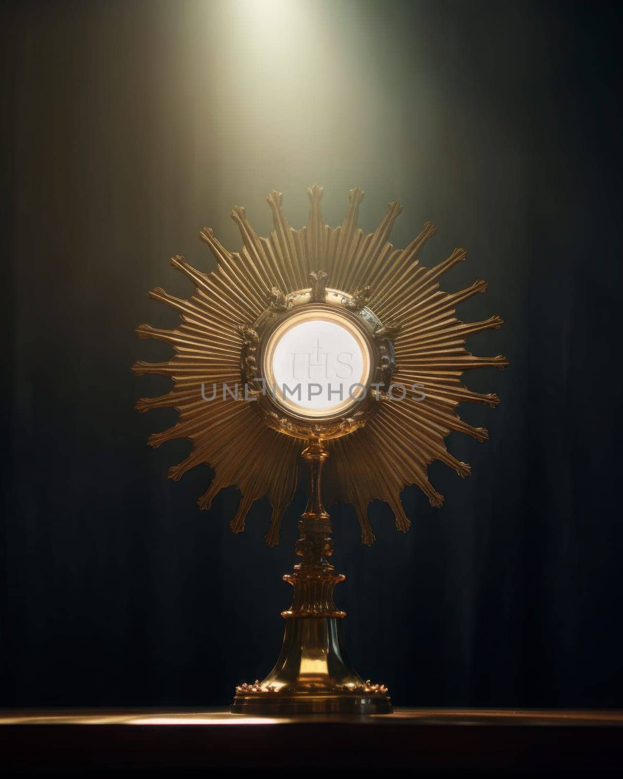 Eucharistic body of Christ. Monstrance embodying spiritual reverence. Consecrated host for adoration. Consecration and Lord’s Prayer. Monstrance on the altar. Catholic mass. Sacred bread. Holy Communion. IHS