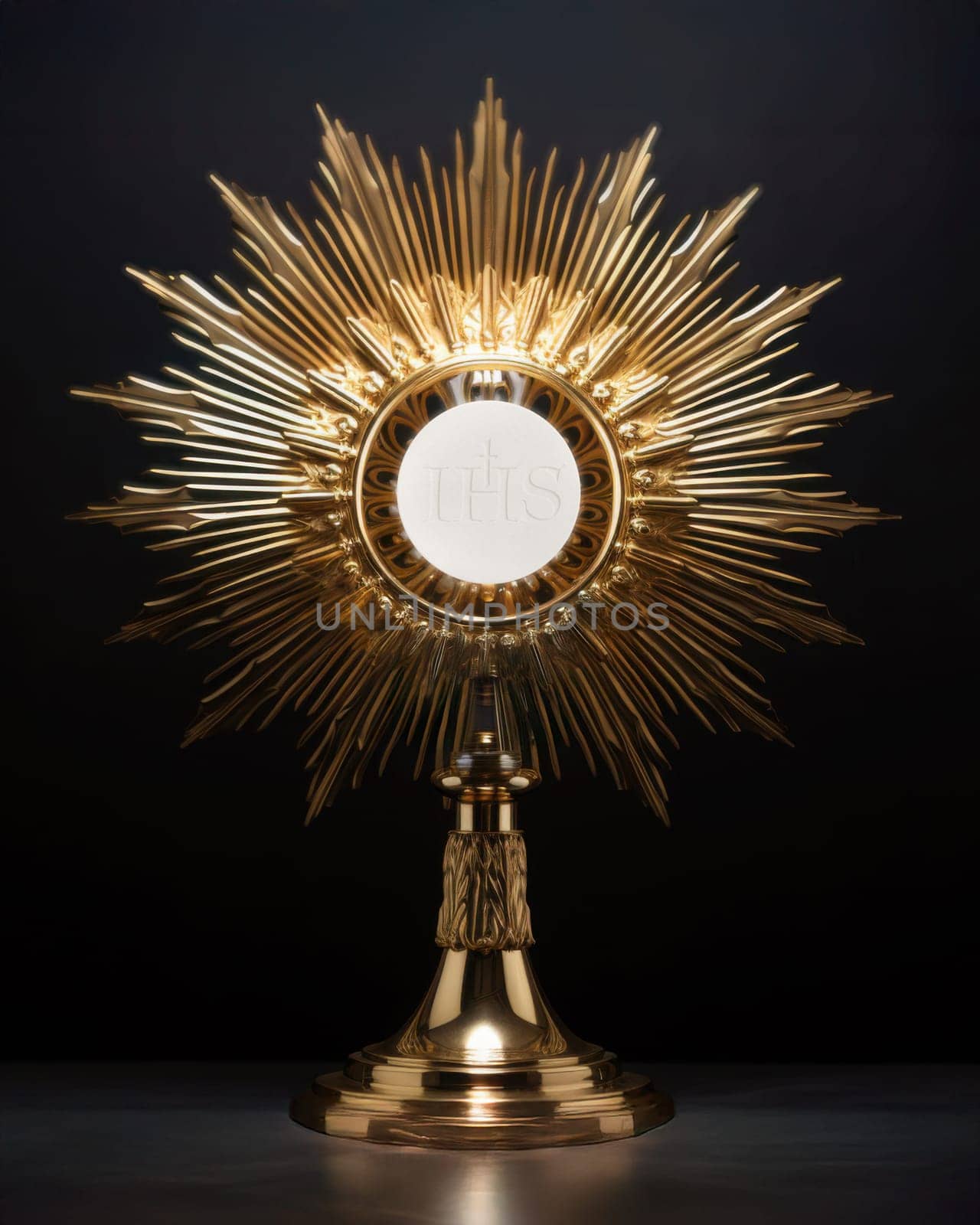 Eucharistic body of Christ. Monstrance embodying spiritual reverence. Consecrated host for adoration. Consecration and Lord’s Prayer. Monstrance on the altar. Catholic mass. Sacred bread. Holy Communion. IHS