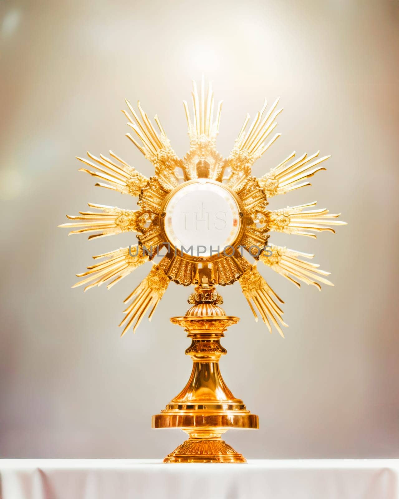 Eucharistic body of Christ. Monstrance embodying spiritual reverence. Consecrated host for adoration. Consecration and Lord’s Prayer. Monstrance on the altar. Catholic mass. Sacred bread. Holy Communion. IHS