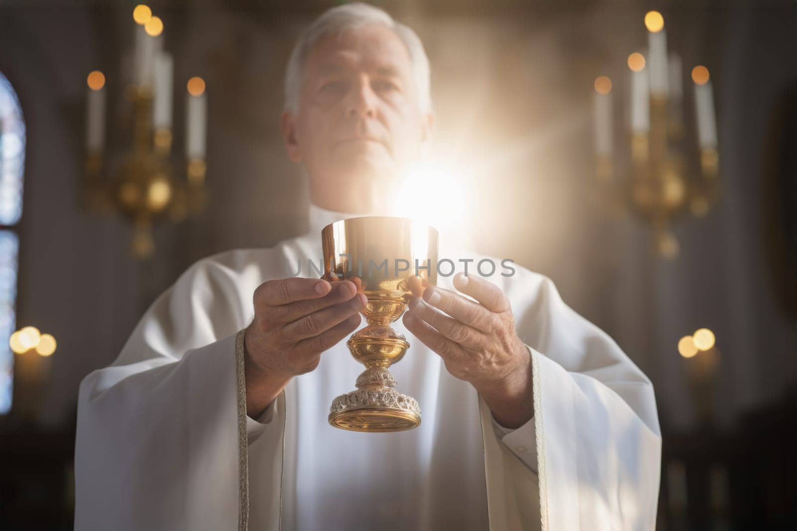 Eucharistic body of Christ. Priest holding a chalice with consecrated hosts during a mass celebration. Holy Communion. The elevation of the goblet with the blessed sacrament during the Catholic Liturgy of the Eucharist. Sacred bread. IHS