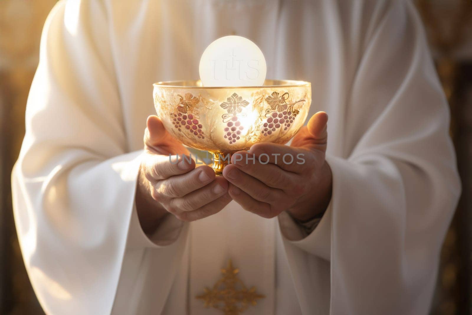 Eucharistic body of Christ. Priest holding a chalice with consecrated hosts during a mass celebration. Holy Communion. The elevation of the goblet with the blessed sacrament during the Catholic Liturgy of the Eucharist. Sacred bread. IHS