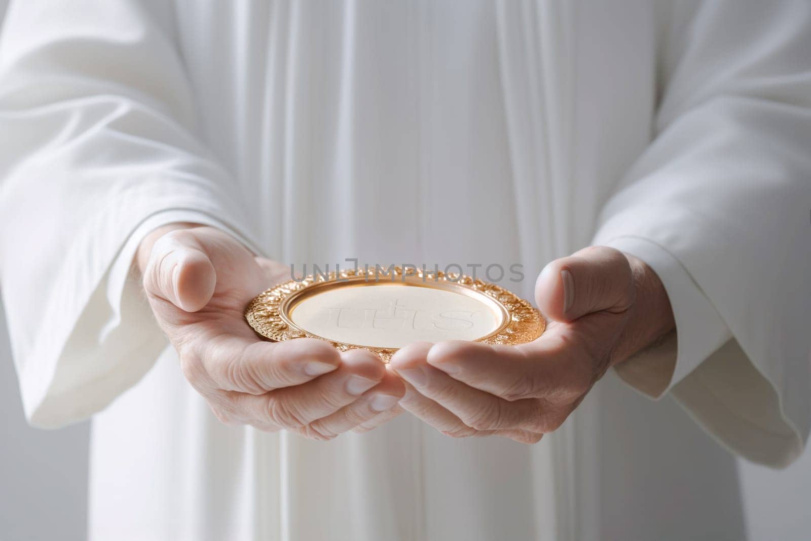 Sacred bread. Eucharistic body of Christ. Priest holding the hostia. Offertory, Eucharistic Prayer, Consecration, Lord’s Prayer. Daily bread. The Most Holy Body and Blood of Christ