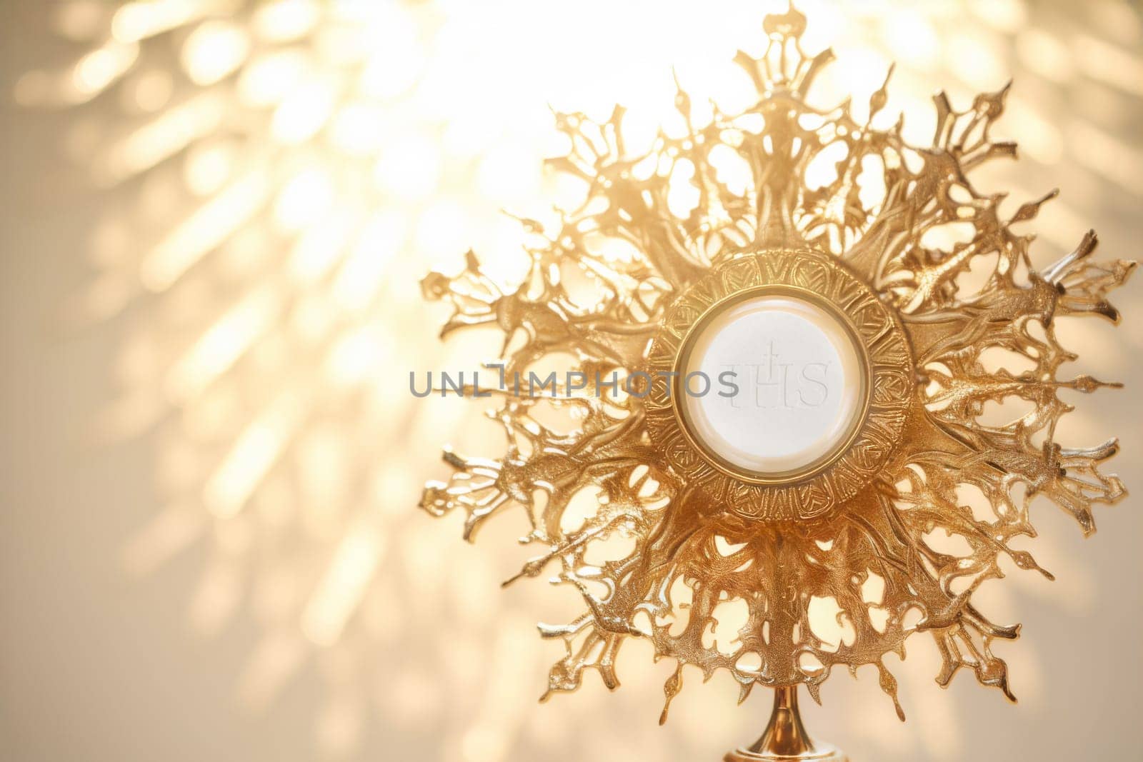 Eucharistic body of Christ. Monstrance embodying spiritual reverence. Consecrated host for adoration. Consecration and Lord’s Prayer. Monstrance on the altar. Catholic mass. Sacred bread. Holy Communion. IHS
